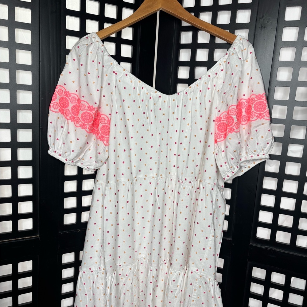 🤍LOFT White Midi Dress Pink Lace Accents Lined Comfy Soft Cotton Blend M🤍 - Picture 6 of 12
